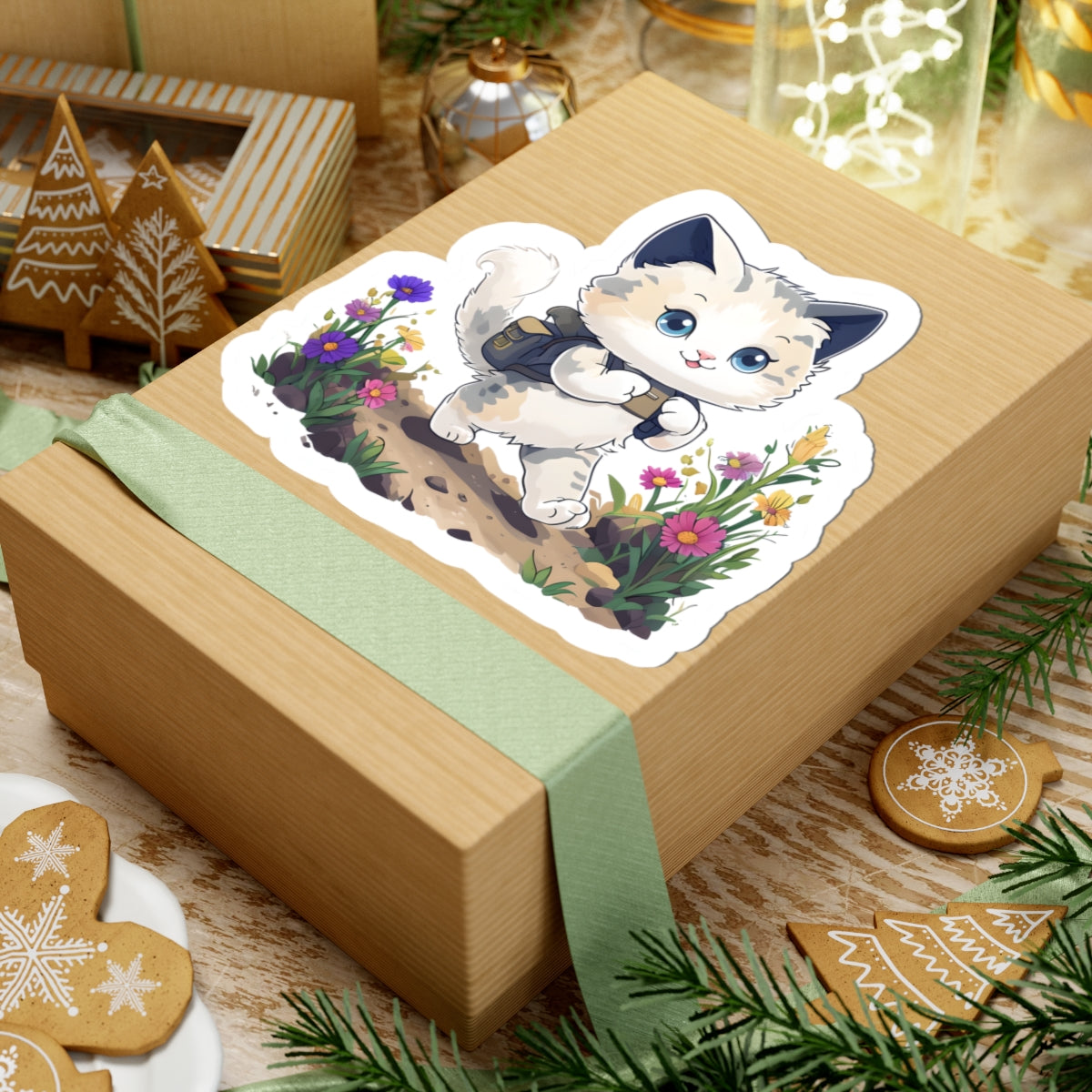 Cute Cat Hiking Kawaii Kiss-Cut Stickers | Gift for Cat Lovers | Potted Plants Decor | Laptop, Water Bottle, School Locker Stickers | Cute Animal Art | Scrapbooking | Homeschooling