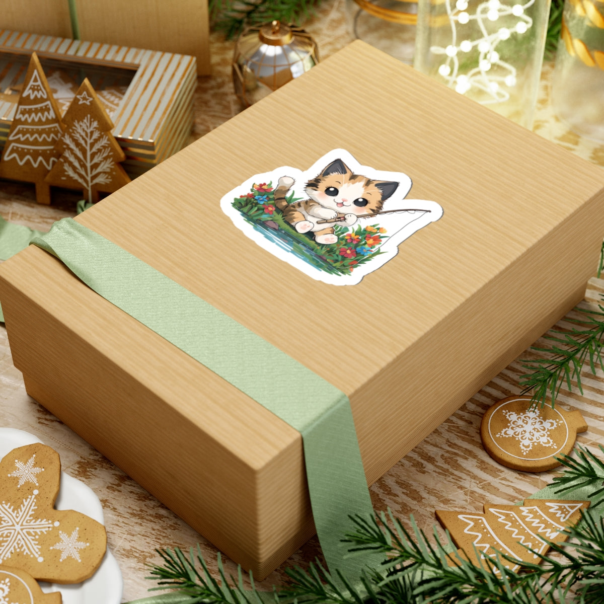 Cute Cat Fishing Kiss-Cut Sticker | Pet Lover Decor | Laptop Décor | Gift for Cat Lovers | Stationery | Scrapbooking | Homeschooling