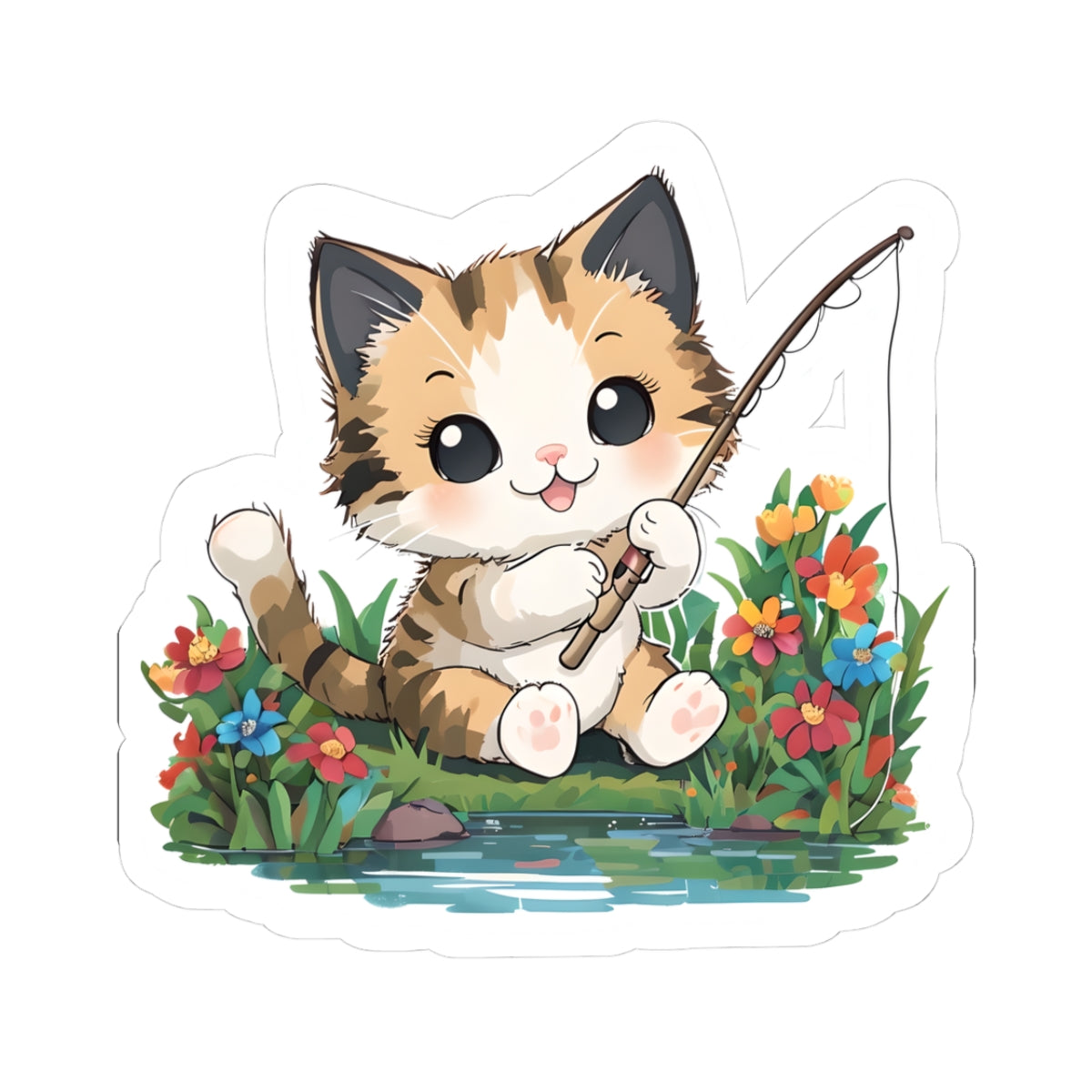 Cute Cat Fishing Kiss-Cut Sticker | Pet Lover Decor | Laptop Décor | Gift for Cat Lovers | Stationery | Scrapbooking | Homeschooling