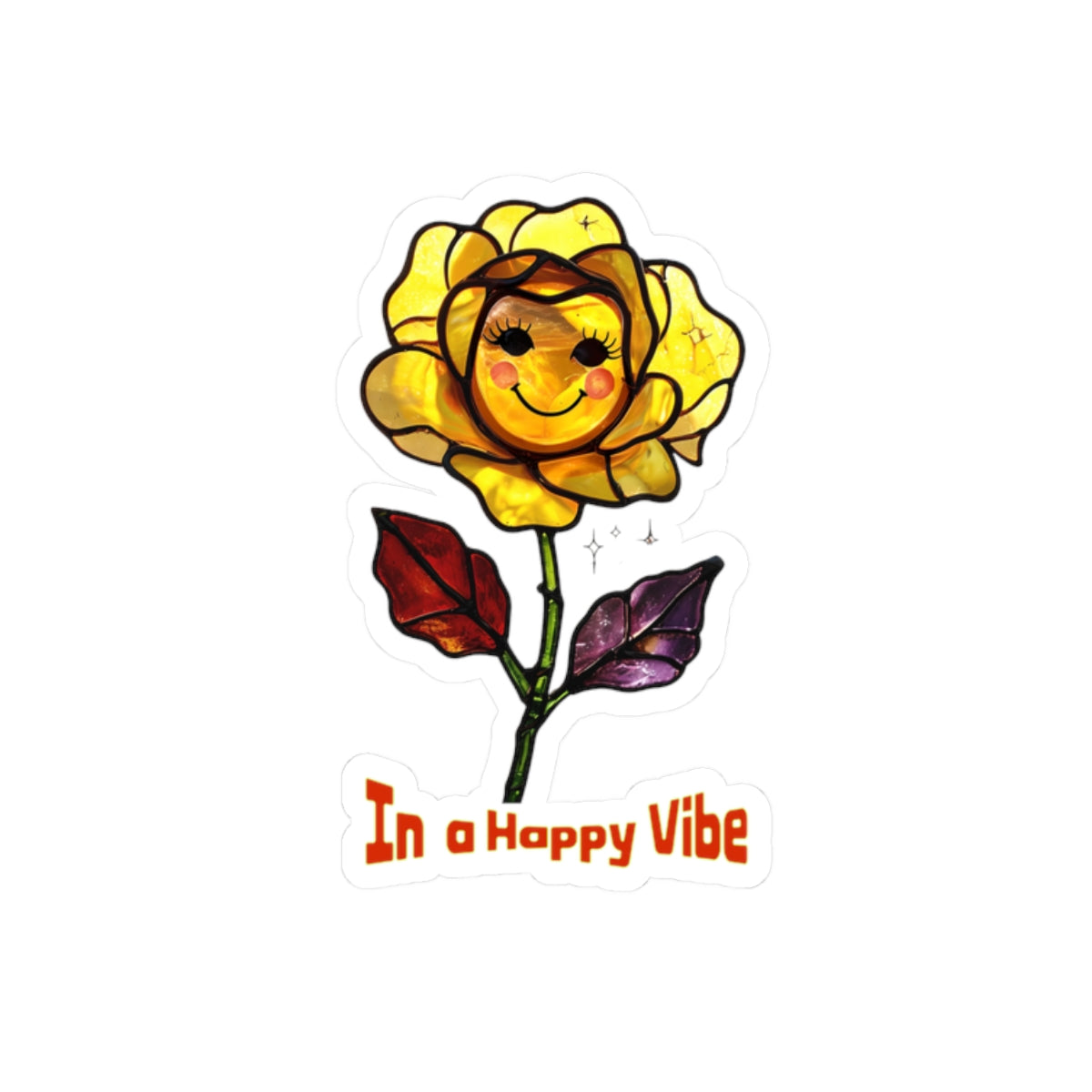 Happy Vibe Smiley Flower Sticker | Retro Stained Glass Look | Yellow Rose Vinyl Decals | Water Bottles, Laptops, Lockers, or Planners/Journals