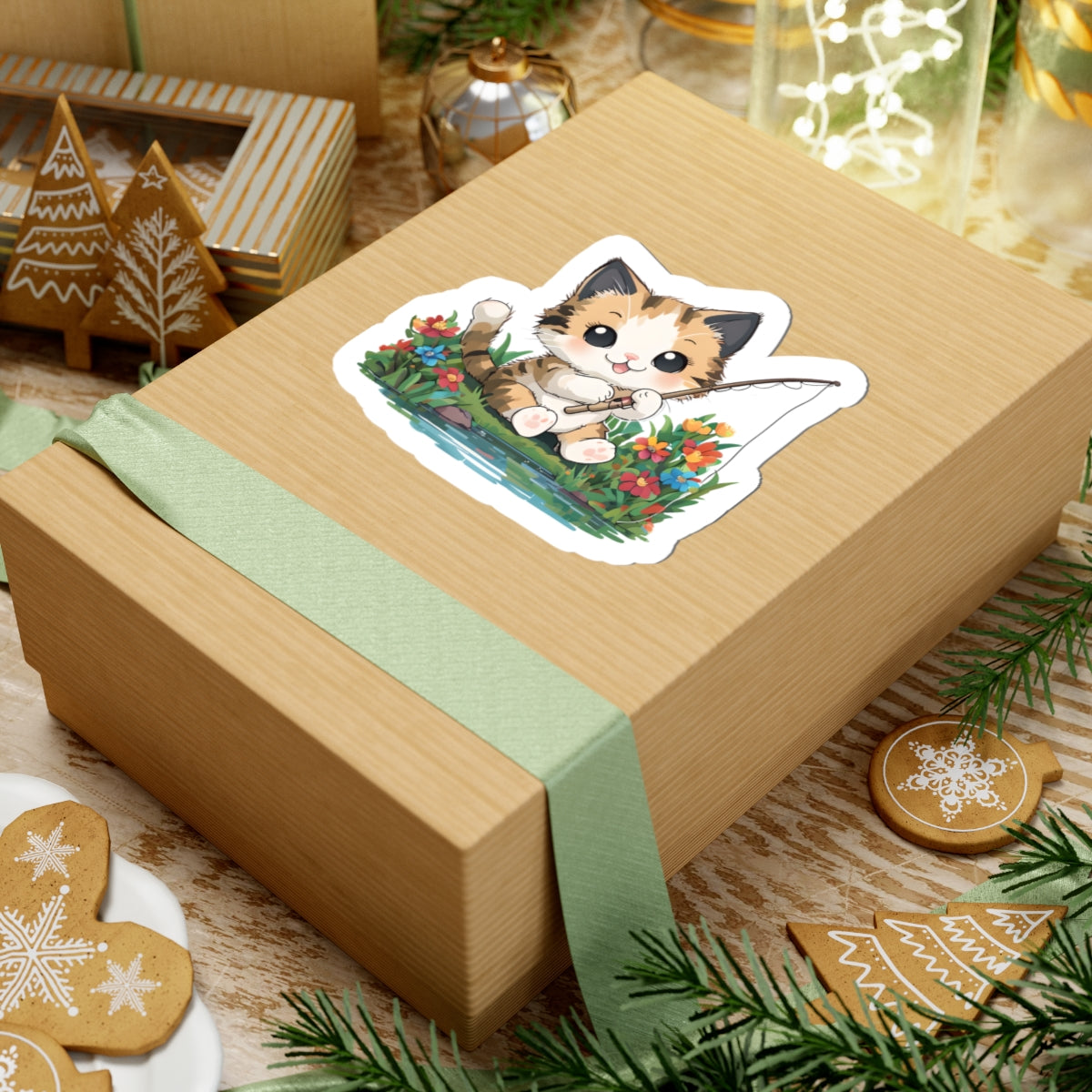 Cute Cat Fishing Kiss-Cut Sticker | Pet Lover Decor | Laptop Décor | Gift for Cat Lovers | Stationery | Scrapbooking | Homeschooling