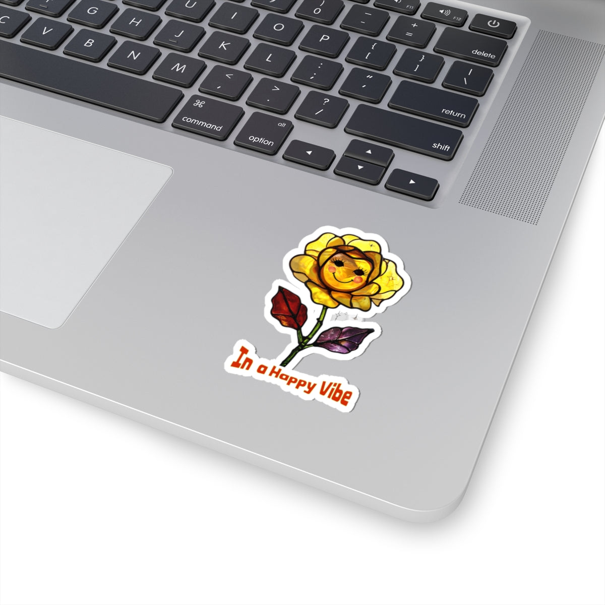 Happy Vibe Smiley Flower Sticker | Retro Stained Glass Look | Yellow Rose Vinyl Decals | Water Bottles, Laptops, Lockers, or Planners/Journals
