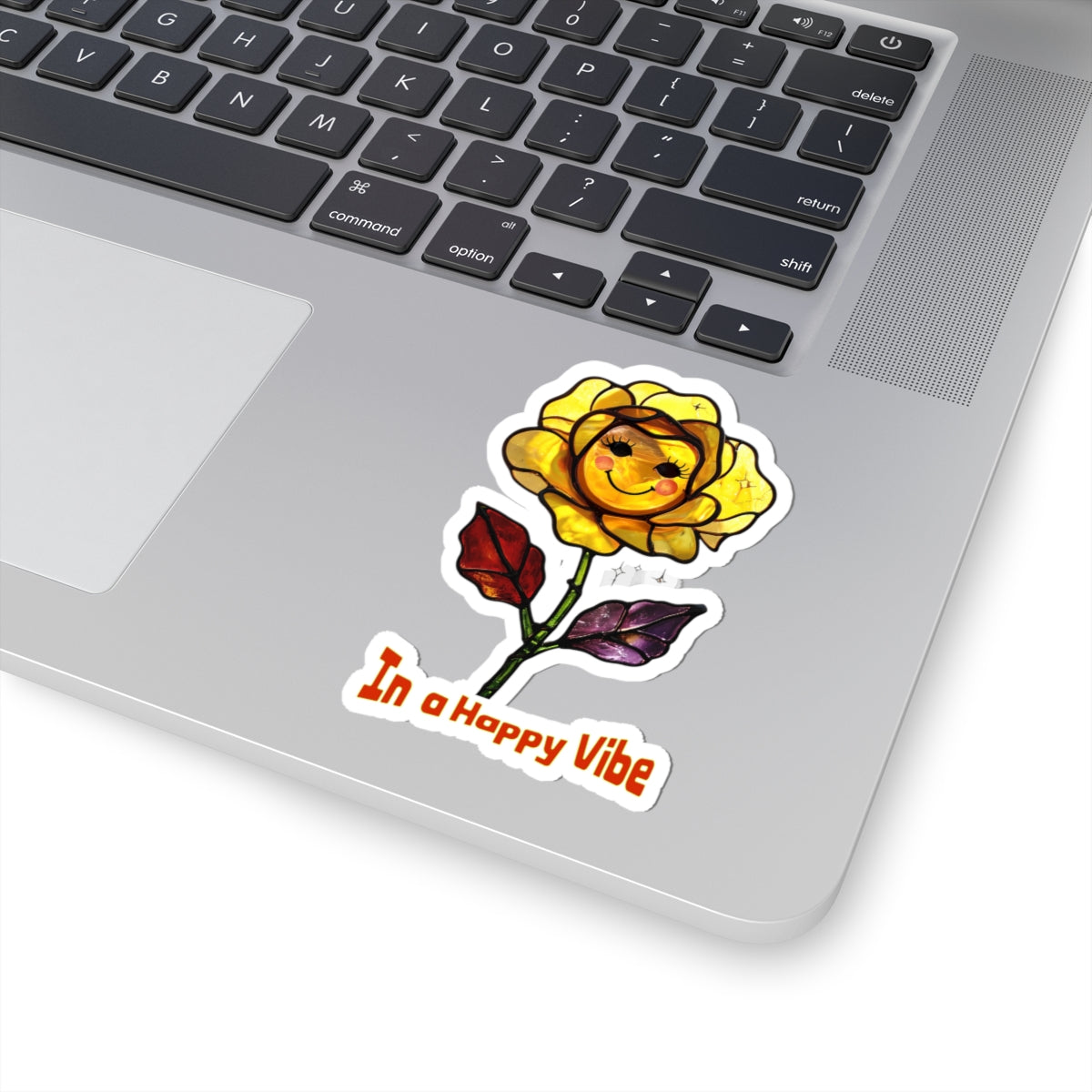 Happy Vibe Smiley Flower Sticker | Retro Stained Glass Look | Yellow Rose Vinyl Decals | Water Bottles, Laptops, Lockers, or Planners/Journals