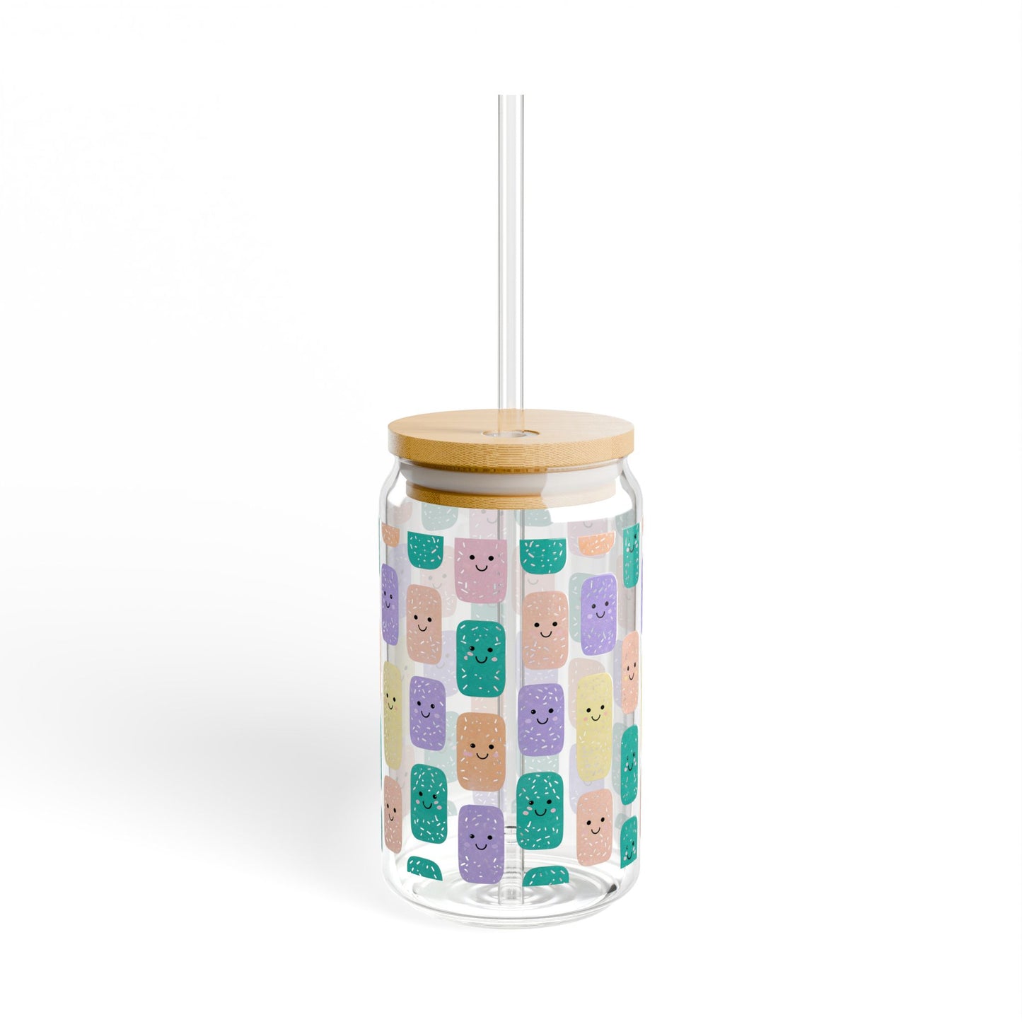 Smiley Face 16oz Glass Tumbler with Lid and Straw | Aesthetic Iced Coffee Cup | Kawaii Reusable Drinkware |Moms-On-The-Go