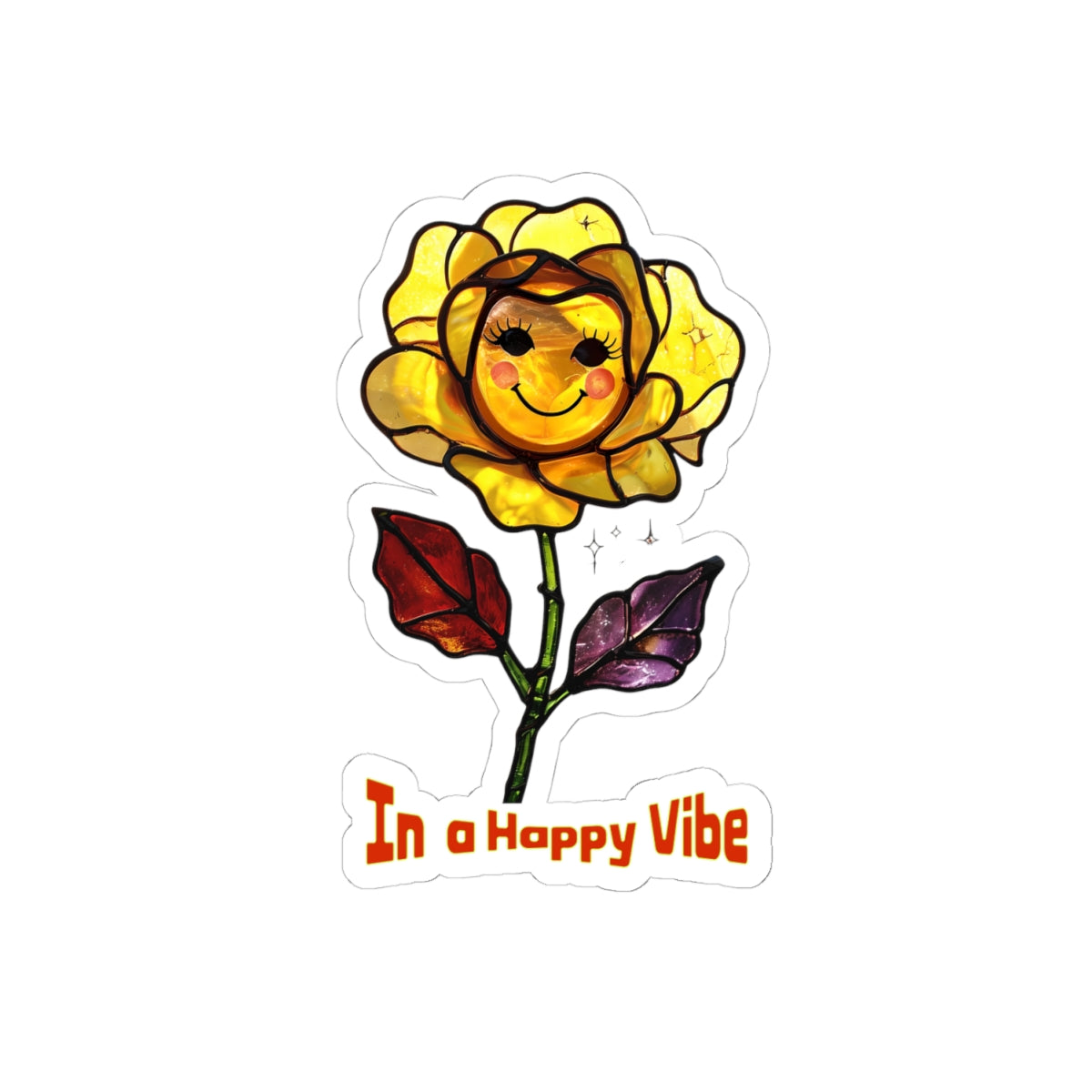 Happy Vibe Smiley Flower Sticker | Retro Stained Glass Look | Yellow Rose Vinyl Decals | Water Bottles, Laptops, Lockers, or Planners/Journals