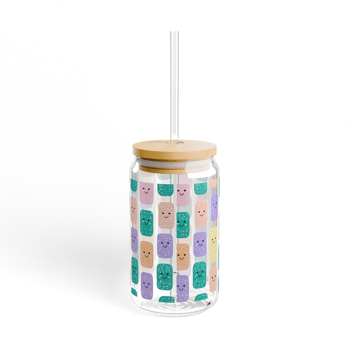 Smiley Face 16oz Glass Tumbler with Lid and Straw | Aesthetic Iced Coffee Cup | Kawaii Reusable Drinkware |Moms-On-The-Go