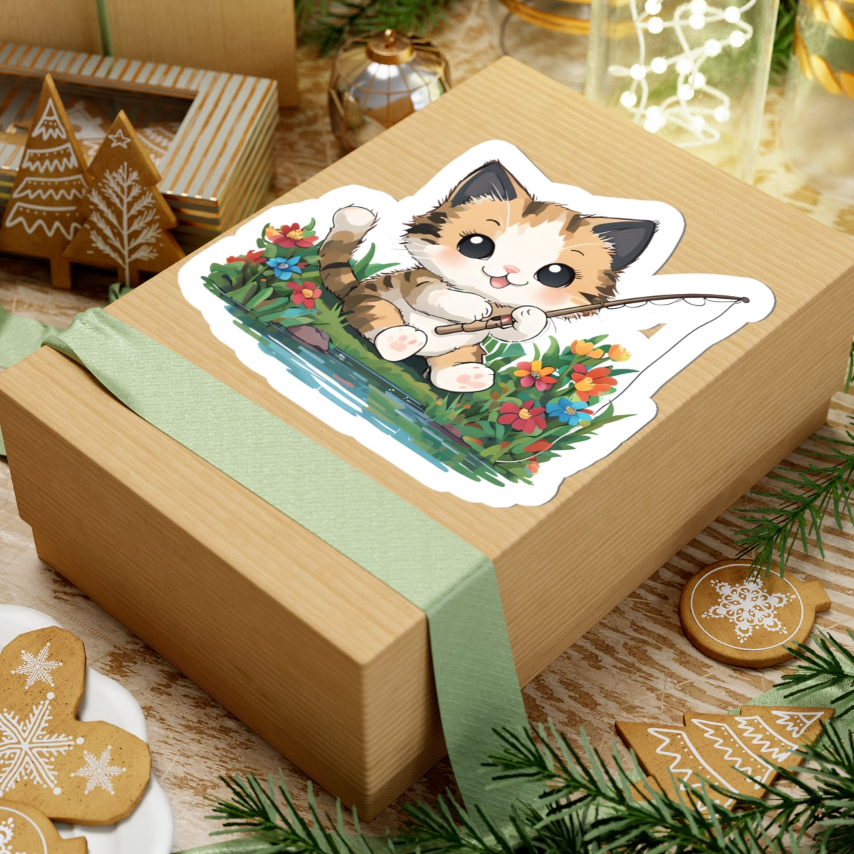 Cute Cat Fishing Kiss-Cut Sticker | Pet Lover Decor | Laptop Décor | Gift for Cat Lovers | Stationery | Scrapbooking | Homeschooling