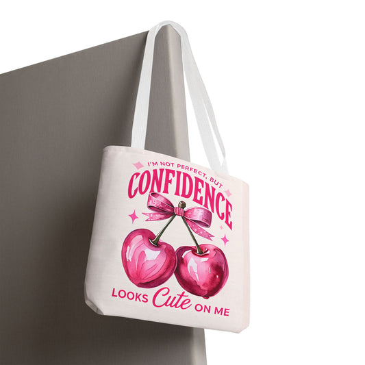 “Confidence Looks Cute on Me" Tote Bag | Positive Affirmation Cherry Design | Coquettish Pink Cherries Tote