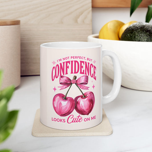“Confidence Looks Cute on Me" Coffee Mug | Positive Affirmation Cherry Mug |  Coffee Lovers | Motivational Decor | Self-Care Reminer | Cherry Mug | Bridal Gift