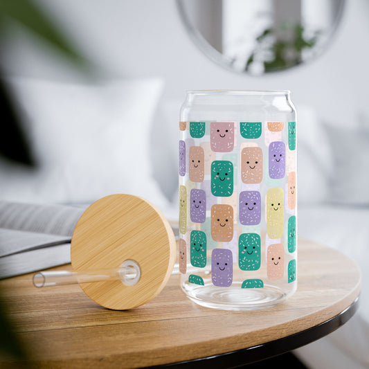 Smiley Face 16oz Glass Tumbler with Lid and Straw | Aesthetic Iced Coffee Cup | Kawaii Reusable Drinkware |Moms-On-The-Go