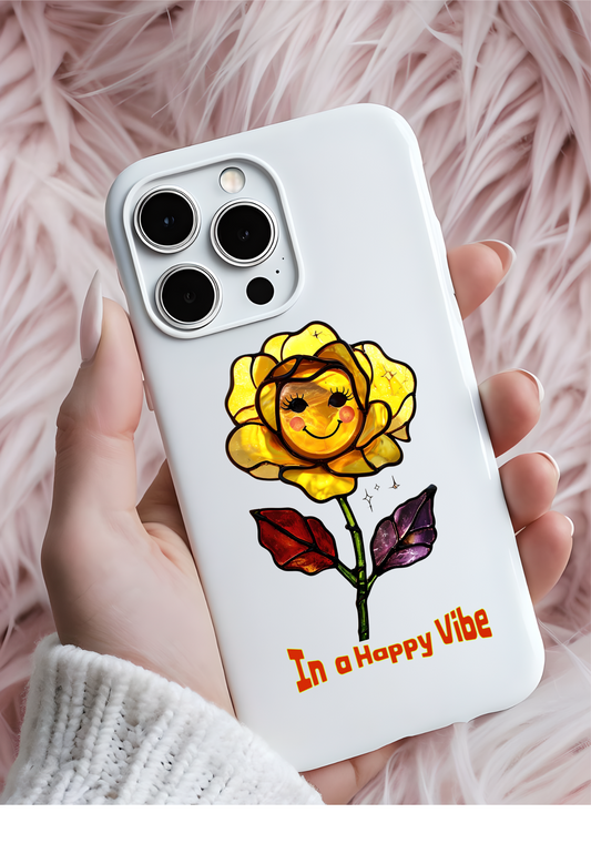 Happy Vibe Smiley Flower Sticker | Retro Stained Glass Look | Yellow Rose Vinyl Decals | Water Bottles, Laptops,  Lockers, or Planners/Journals