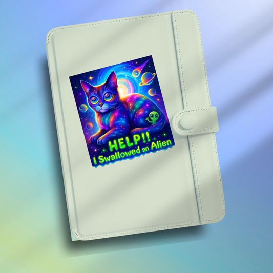 “HELP!! I Swallowed an Alien” — Neon Cosmic Cat Space Art Sticker | Funny Galaxy Kitten with UFO & Alien | Kiss-Cut Stickers | Cute Alien Design for Cats Lovers | Water Bottle, Phone Case, Tablet Case Sticker