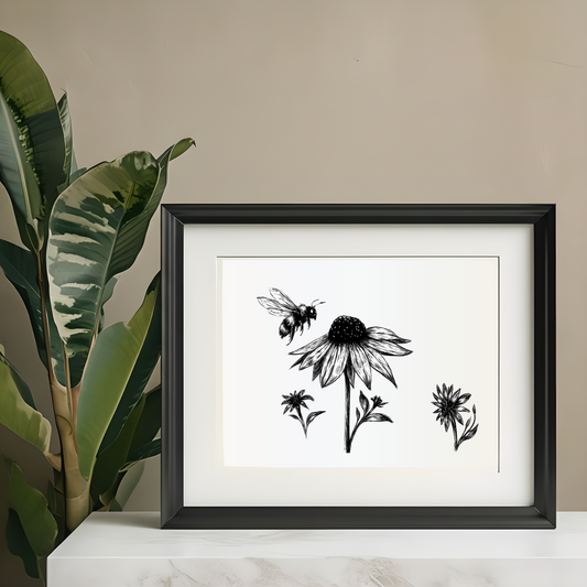 Minimalist Bee & Wildflower Ink Art Print | Nature-Inspired Wall Décor