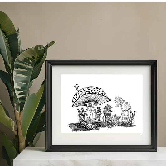 Whimsical Mushroom Village | Black & White Ink Art Print | Nature-Inspired Art