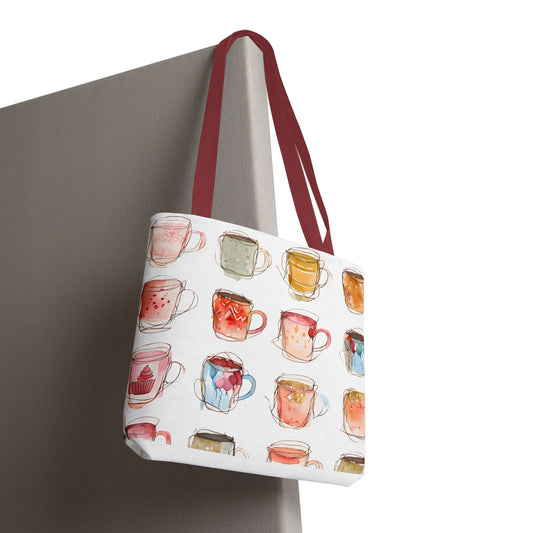 Cute Watercolor Coffee Mugs Tote Bag | Eco-Friendly Market Bag | Chic Grocery Tote | Fun Shopping Bag | Coffee Lovers Gift