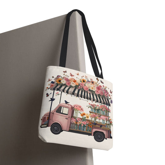 Floral Farmer's Market Tote Bag | Eco-Friendly Shopping | Country Cottagecore Home Decor | Everyday Use | Reusable Canvas Bag | Vintage Pink Flower Truck Bag