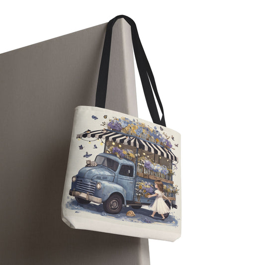 Floral Farmer's Market Tote Bag | Eco-Friendly Shopping | Beach Bag | Everyday Use | Reusable Canvas Bag | Vintage Blue DeliveryTruck Bag