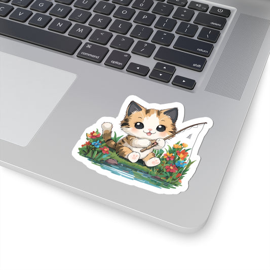 Cute Cat Fishing Kiss-Cut Sticker | Pet Lover Decor | Laptop Décor | Gift for Cat Lovers | Stationery | Scrapbooking | Homeschooling
