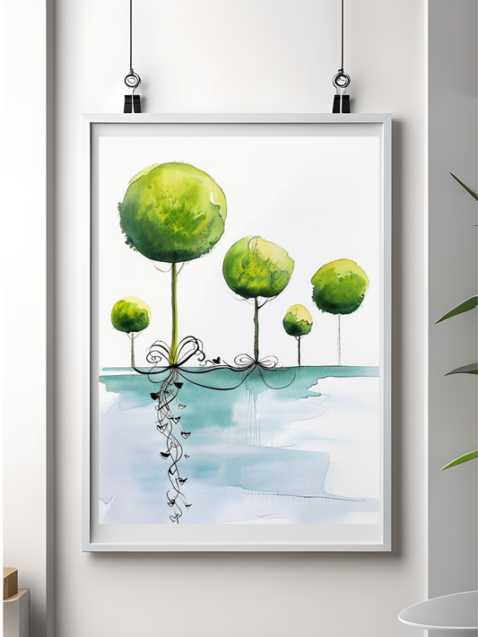 Whimsical Green Tree Watercolor | Nature & Heart Ribbon Digital Wall Art – Instant Download